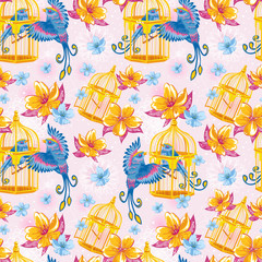 Dream seamless pattern with birds and golden cages