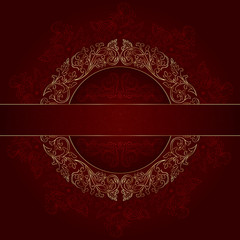 Floral gold frame with vintage patterns on red background