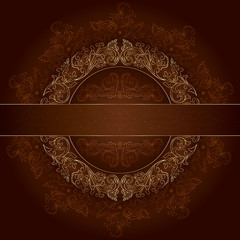 Floral gold frame with vintage patterns on brown background