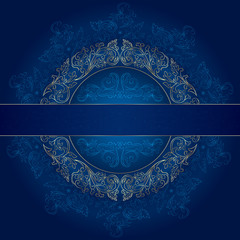 Floral gold frame with vintage patterns on blue background