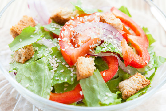 light vegetable salad with croutons and sesame
