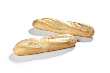 golden baked baguette isolated on white background