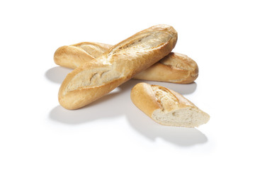 golden baked baguette isolated on white background