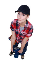 Blond worker struggling to carry circular saw