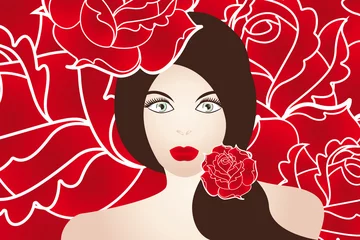Papier Peint photo Femme fleurs Belle femme sensuelle sur des roses