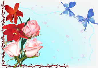 blue butterflies and pink rose flowers