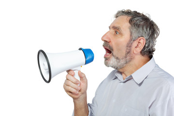 An elderly man says something into a megaphone