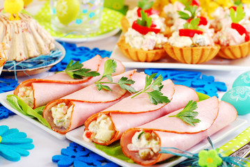 ham rolls stuffed with vegetable salad and mayonnaise