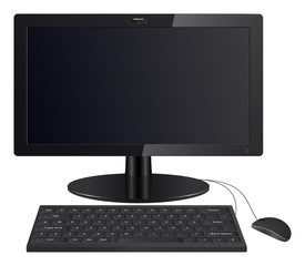 Computer monitor with keyboard and mouse.