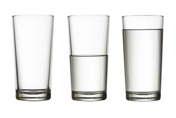 tall empty, half and full glass of water isolated on white with