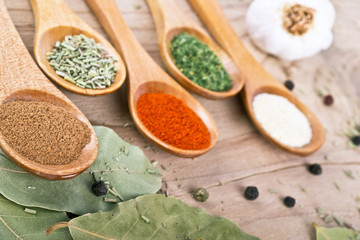 Spices on Wood table food preparation Food ingredients