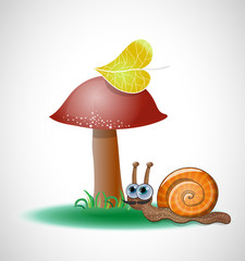 Funny snail near mushroom. Illustration 10 version