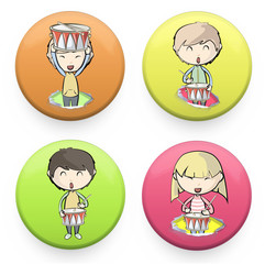 Set of colorful badges with kids playing drum. Vector design.
