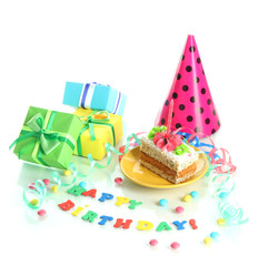 Colorful birthday cake with candle and gifts isolated on white