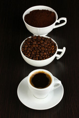 Different types of coffee in three cups on wooden table