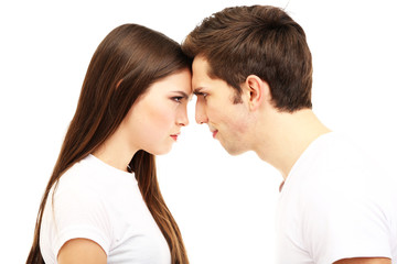 Young couple quarreling isolated on white