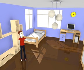 3d render of boy in blue room