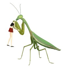 3d render of cartoon character eaten by mantis