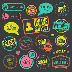 Set of hand drawn style badges and elements on blackboard