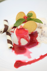 Strawberry Panna Cotta pudding with ice cream