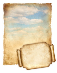 Old paper with blue sky and banner. - 49853607