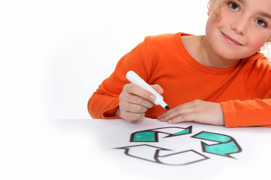 Girl colouring recycling sign - Powered by Adobe