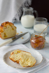 Breakfast with brioche, milk and jam