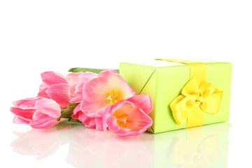 Fototapeta na wymiar Pink tulips and gift boxes, isolated on white