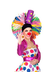 Funny girl clown with a big colorful wig saying Ok