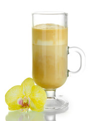 Fragrant coffee latte in glass cup with flower isolated on