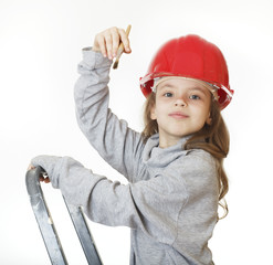 girl in the construction helmet with a brush.