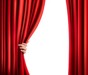 Background with red velvet curtain and hand. Vector illustration - 49860867
