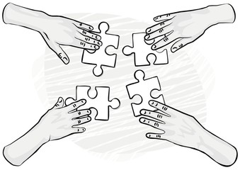 cztery ręce układanka puzzle ilustracja monochrom