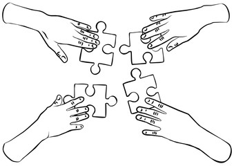cztery ręce układanka puzzle ilustracja czarno biała - obrazy, fototapety, plakaty
