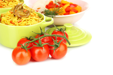 Delicious pilaf with vegetables isolated on white