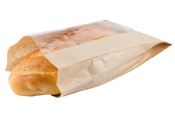 Bread in paper bag isolated on white