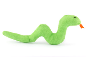Green felt toy snake on white