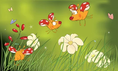Photo sur Plexiglas Papillon Caricature de coccinelles et de clairière fleurie