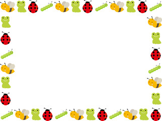春の可愛い生き物フレーム　カエル、てんとう虫、蜂、青虫