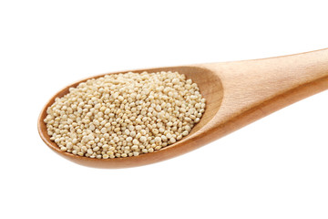 uncooked quinoa in the wooden spoon