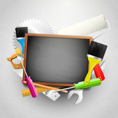 Hand tools and empty chalkboard - Carpentry background
