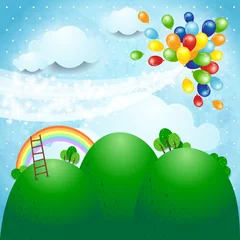 Photo sur Plexiglas Arc en ciel Paysage fantastique avec des ballons