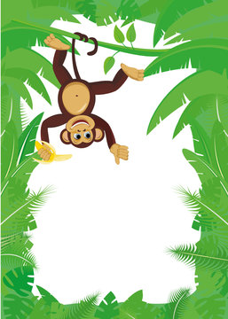 Frame from tropical leaf with monkey on liana with banana