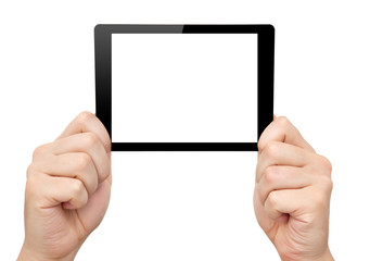 man hand hold a mini tablet with isolated screen