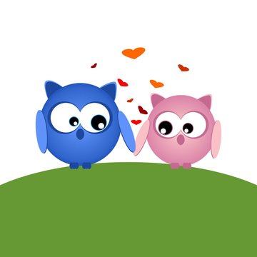 Owls in love, holding each other by the "wings"