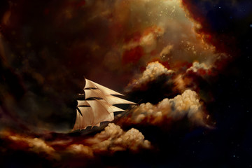 Sailing ship in the clouds - Fantasy Scene - obrazy, fototapety, plakaty