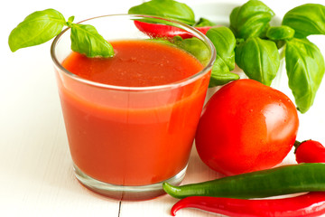 Tomato juice chili pepper and basil leaf on white wooden backgro