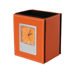 Yellow leather box with clock isolated over white background