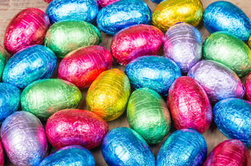 Fototapeta na wymiar Display of foil wrapped chocolate Easter eggs