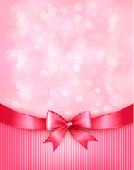 Holiday background with gift pink bow and ribbon. Vector